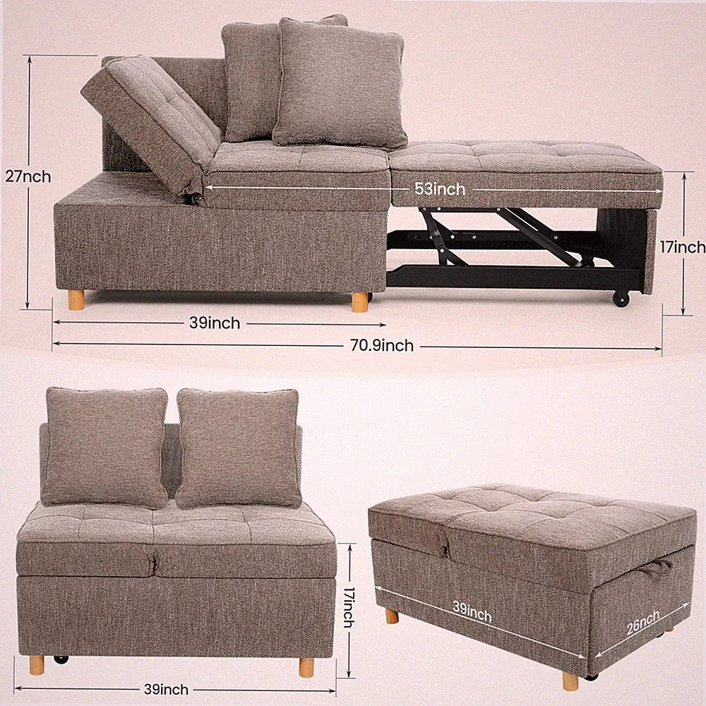 4-in-1 Convertible Sleeper Sofa Linen Fabric Loveseat Single Recliner for Dorms✨