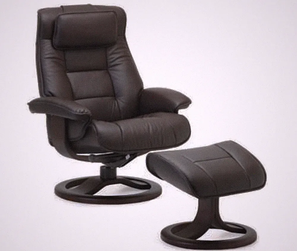 Fjords Mustang Small Recliner Comfort Chair Black Leather Charcoal Wood Stain