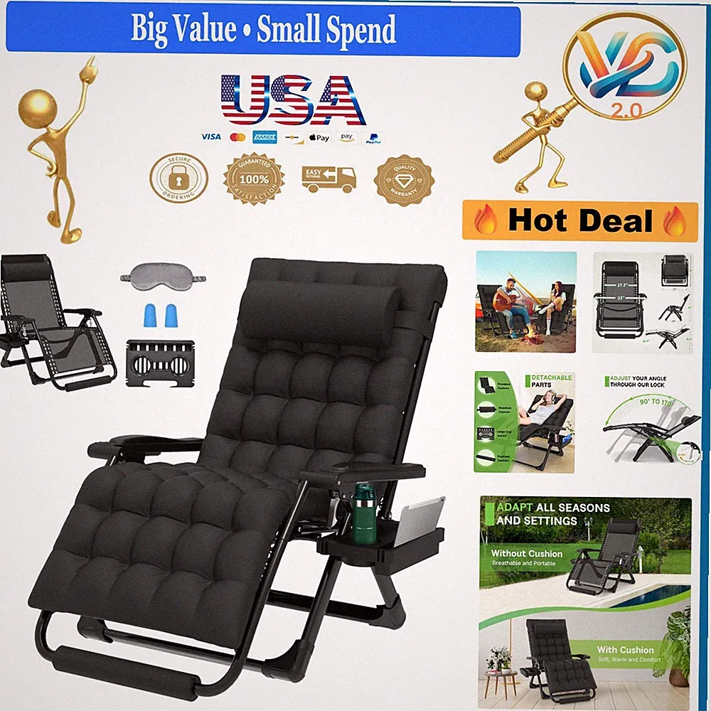 Oversized Black Zero Gravity Chair 33In Recliner with Cushion Footrest 500LBS