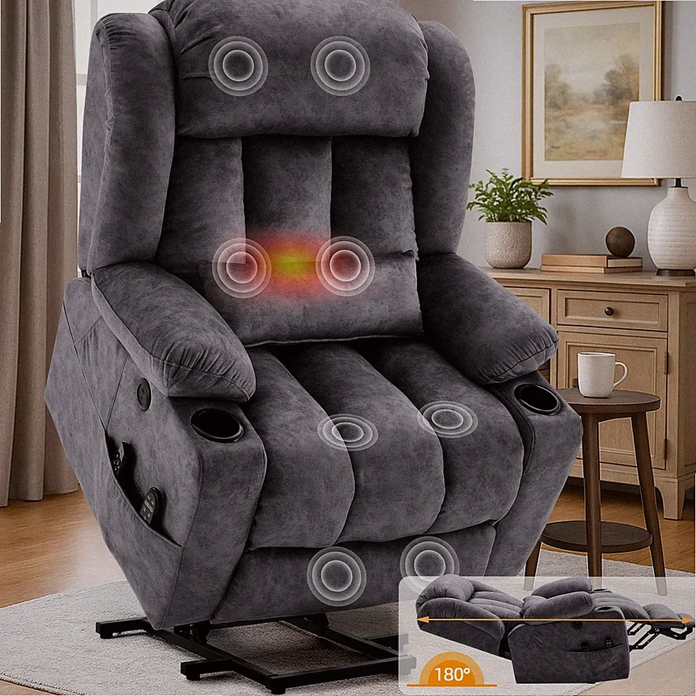 Oversized Dual Motor Power Lift Chair Lay Flat Sleeping Recliner w/ Heat Massage